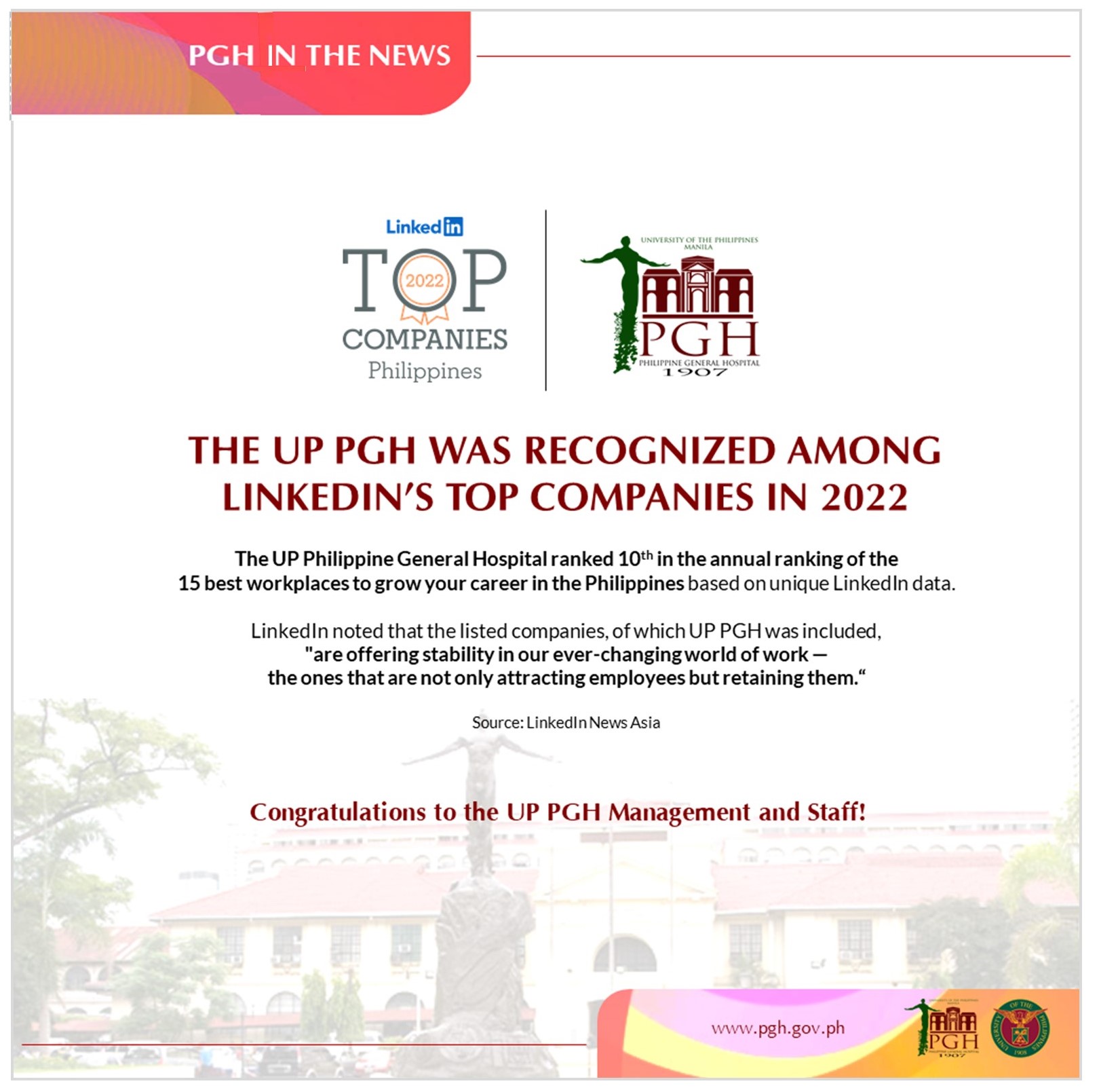 UP PGH is one of the LinkedIn’s Top Companies in the Philippines for