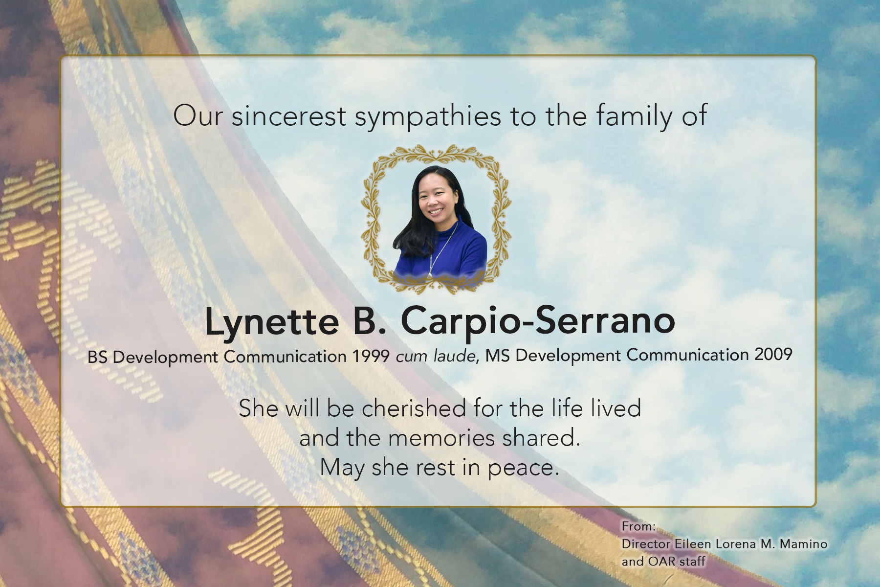 Lynette B. Carpio-Serrano (BS Development Communication 1999; MS ...